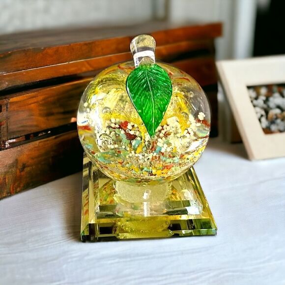 Handblown Apple Paperweight Art Glass Pedestal Multi Colored Bubbles TINY FLAW. - Picture 1 of 16